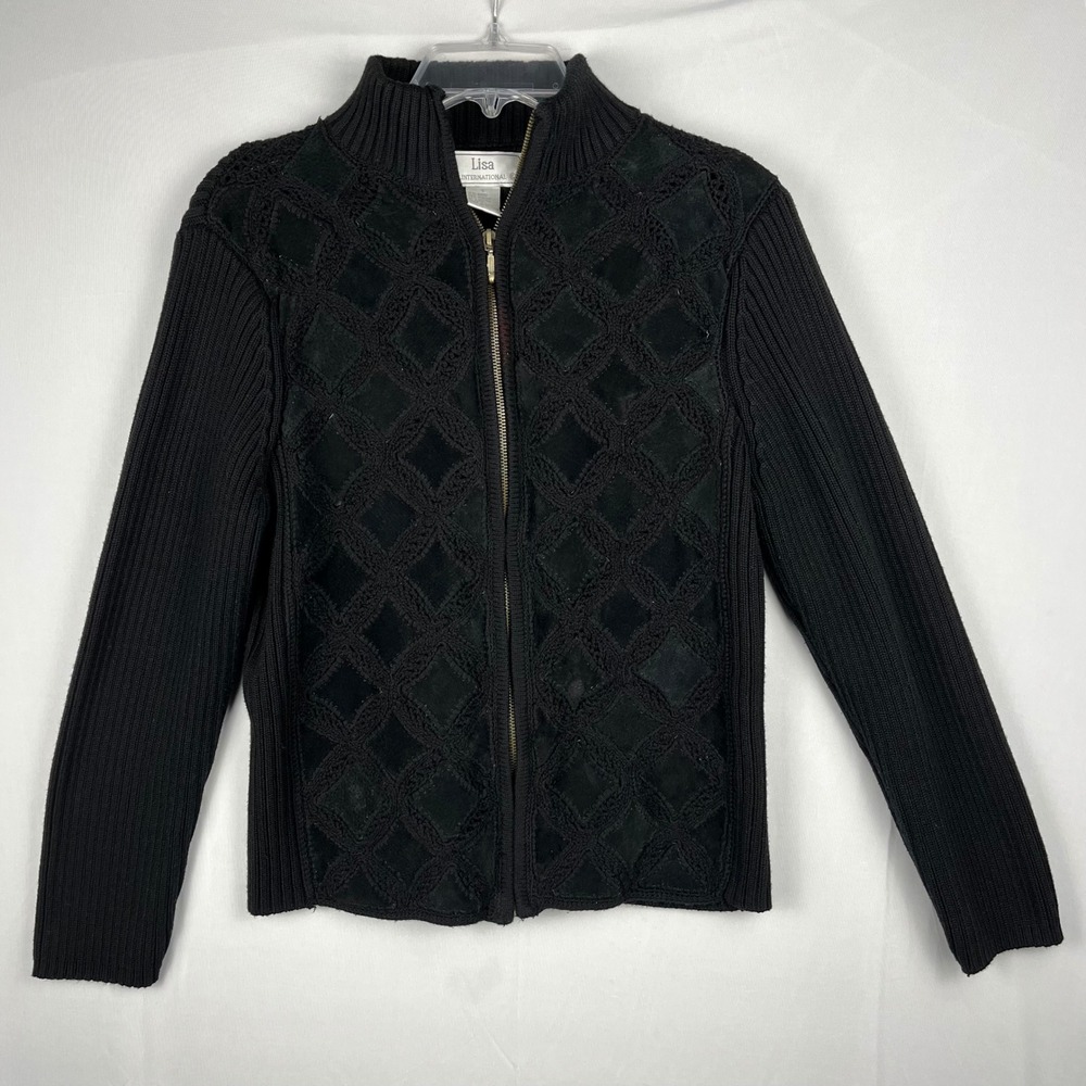 Vtg 90s Y2K Lisa International Black Suede Diamond Pattern Zip Sweater Jacket Lg